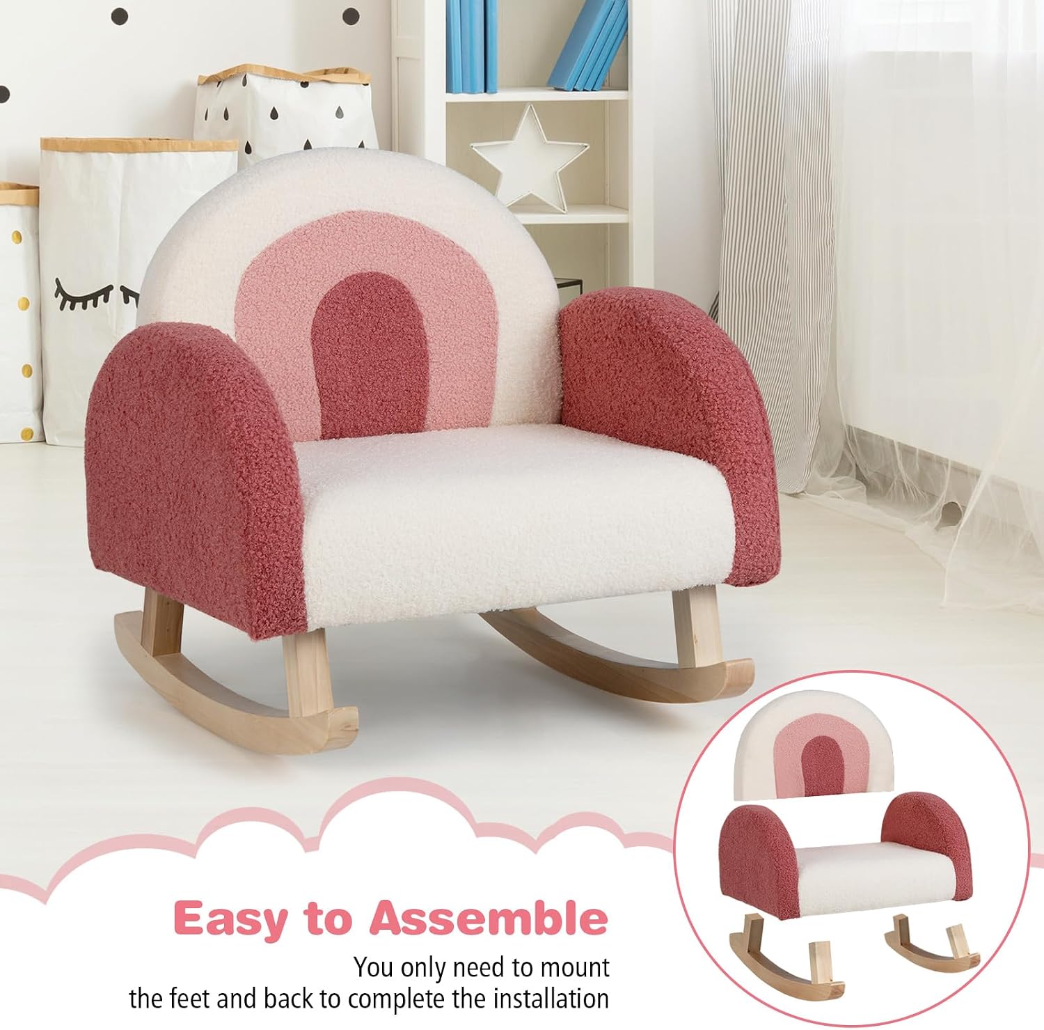 Honey Joy Toddler Rocking Chair, Kids Rocker with Solid Wood Frame & Plush Fabric, Anti-Tipping Design, Toddler Couch for Kids Room, Playroom, Nursery, Bedroom (Red)