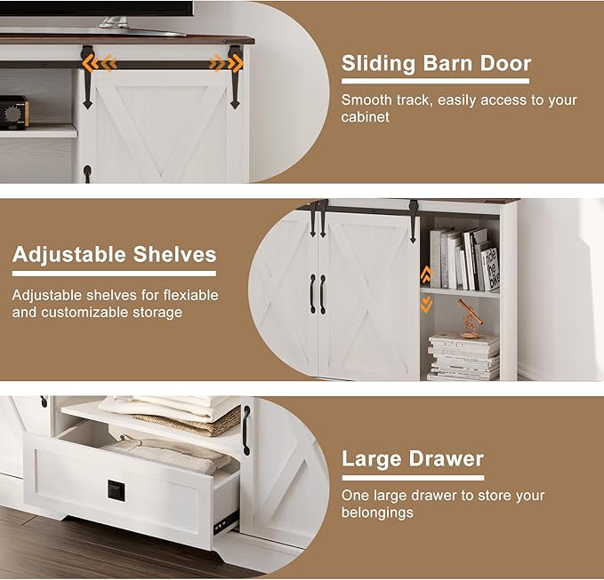 Corner TV Stand for 65 inch TV, 58" Hexagon Entertainment Center with Sliding Barn Doors and Adjustable Shelves, Farmhouse Media Console with Drawer & Cable Management for Living Room, White