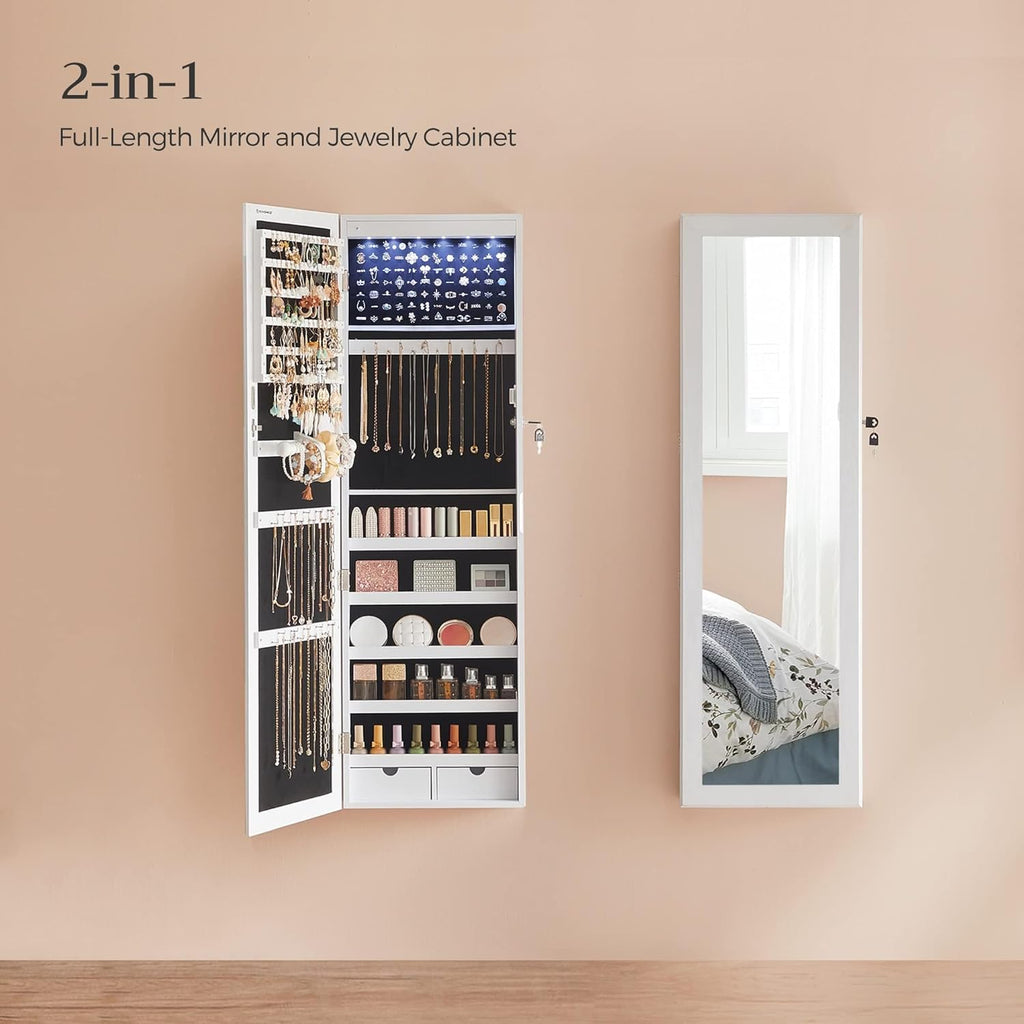 SONGMICS 6 LEDs Mirror Jewelry Cabinet, 47.2-Inch Tall Lockable Wall or Door Mounted Jewelry Armoire Organizer with Mirror, 2 Drawers, Christmas Gift, 3.9 x 14.6 x 47.2 Inches, White