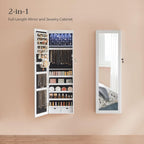 SONGMICS 6 LEDs Mirror Jewelry Cabinet, 47.2-Inch Tall Lockable Wall or Door Mounted Jewelry Armoire Organizer with Mirror, 2 Drawers, Christmas Gift, 3.9 x 14.6 x 47.2 Inches, White
