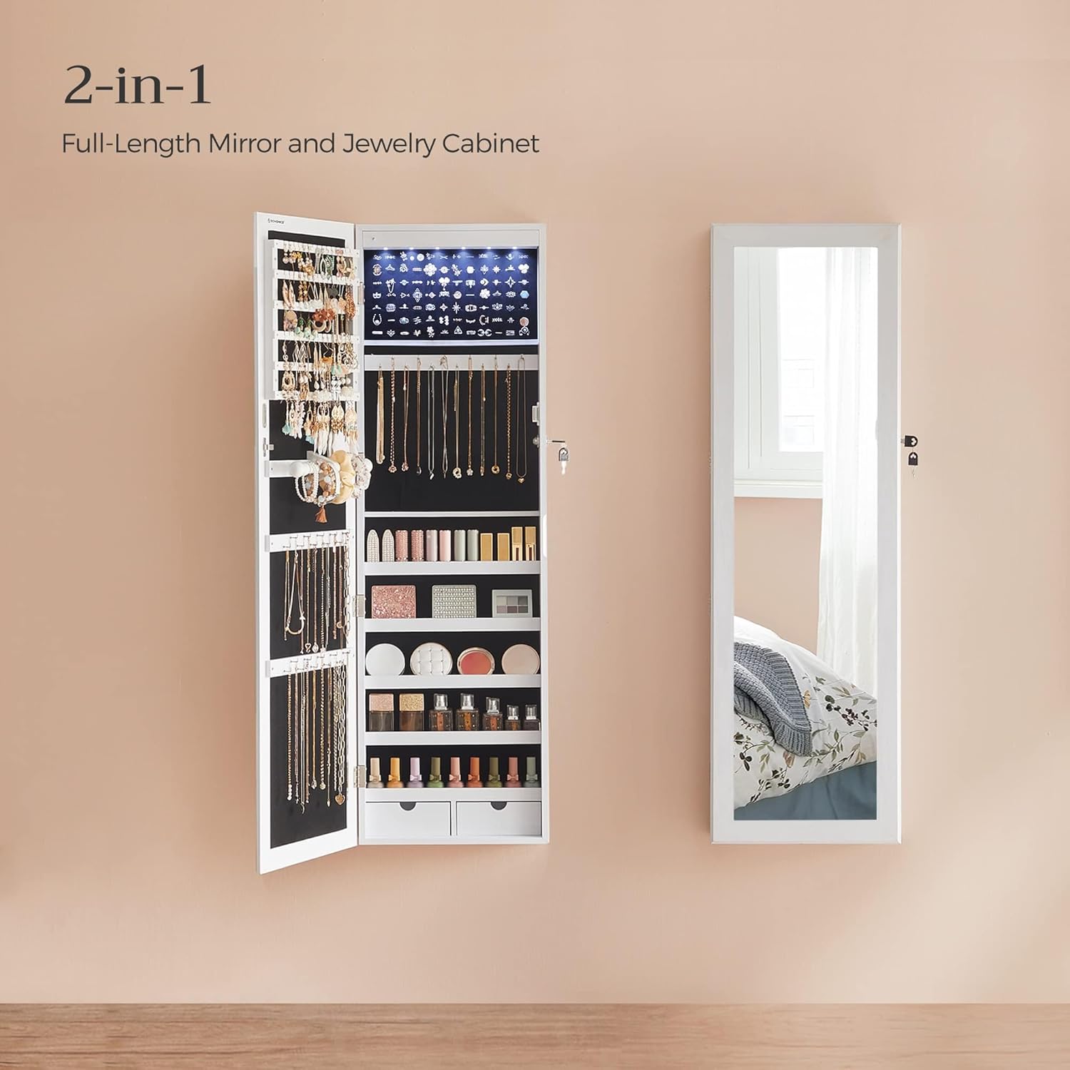 SONGMICS 6 LEDs Mirror Jewelry Cabinet, 47.2-Inch Tall Lockable Wall or Door Mounted Jewelry Armoire Organizer with Mirror, 2 Drawers, Christmas Gift, 3.9 x 14.6 x 47.2 Inches, White