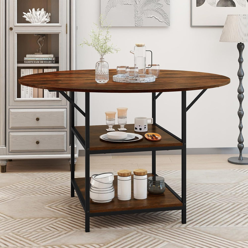 GOFLAME Round Dining Table for 4-6 People, 47” Kitchen Table with 2-Tier Stor...