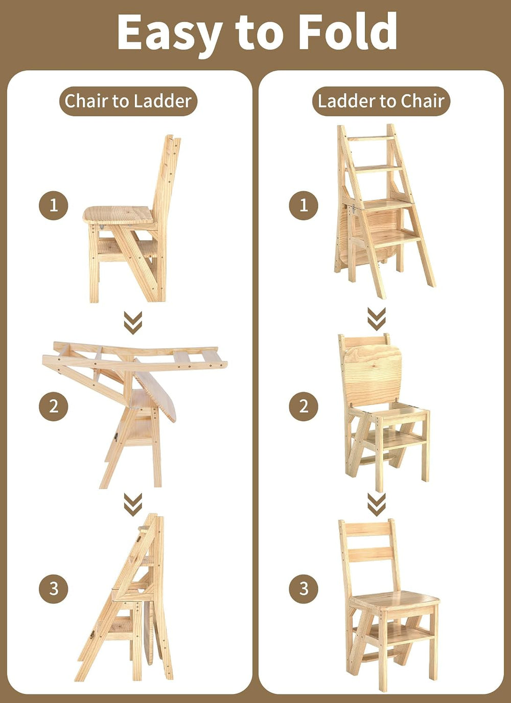 Baoz 3-in-1 Wooden Library Ladder, 4 Tier Folding Ladder, Convertible Step St...