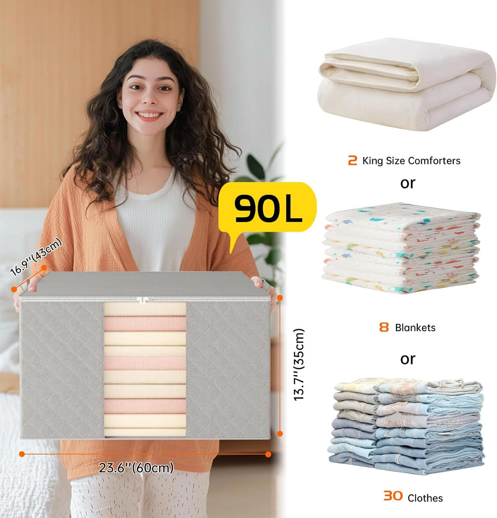 6 Pack Clothes Storage Bags - 90L Blanket Organizers and Storage for Closet Large Storage Bins with Lids and Zipper Storage Containers for King Comforter, Pillow and Sweater (Grey, 6 Pack)