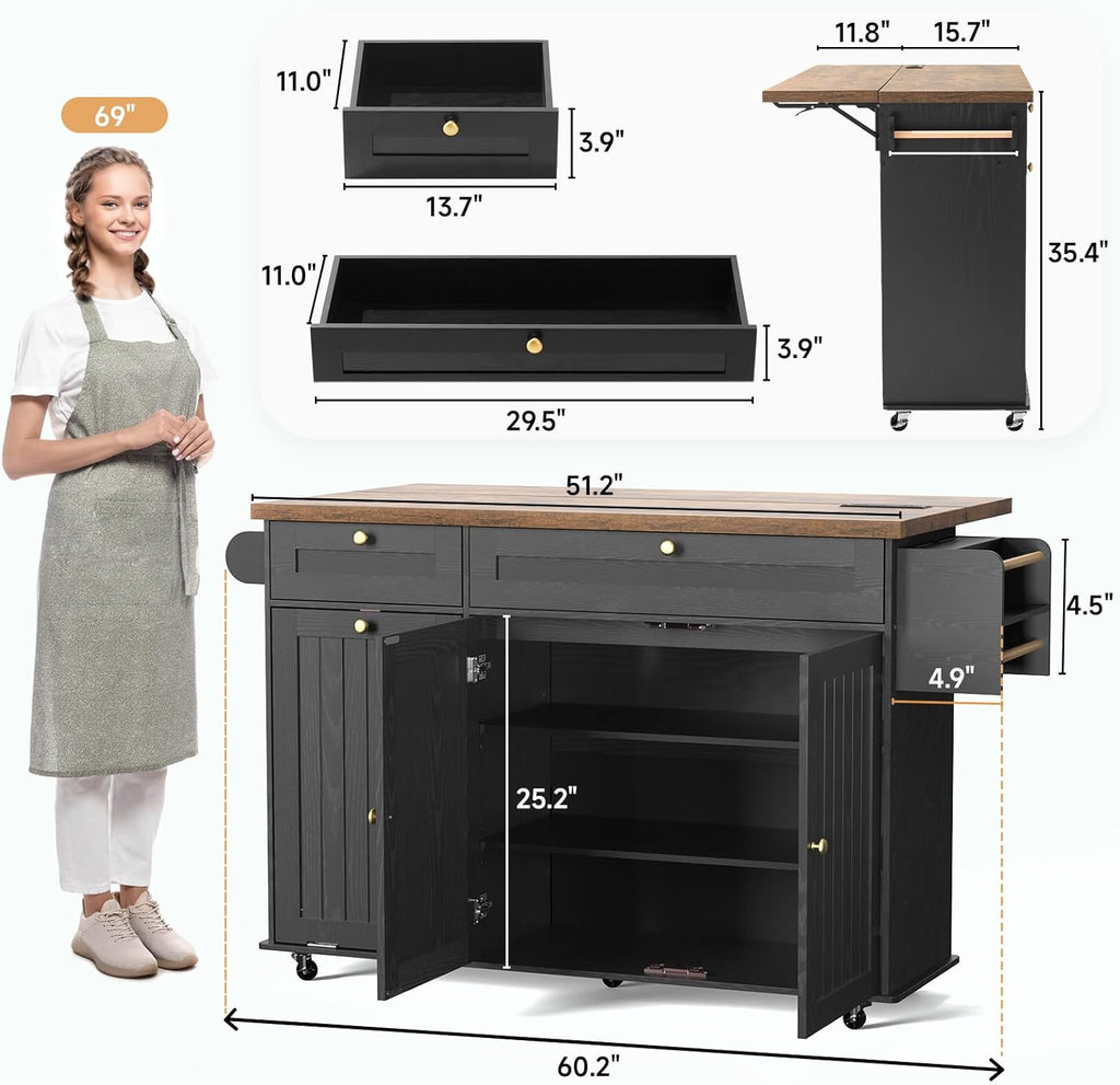 ONBRILL 60" Kitchen Island with Power Outlet & Drop Leaf, Rolling Island with Spice Rack & Towel Rack, Kitchen Island Cart with Trash Storage Cabinet, Island Table for Kitchen, Black+Rustic Brown