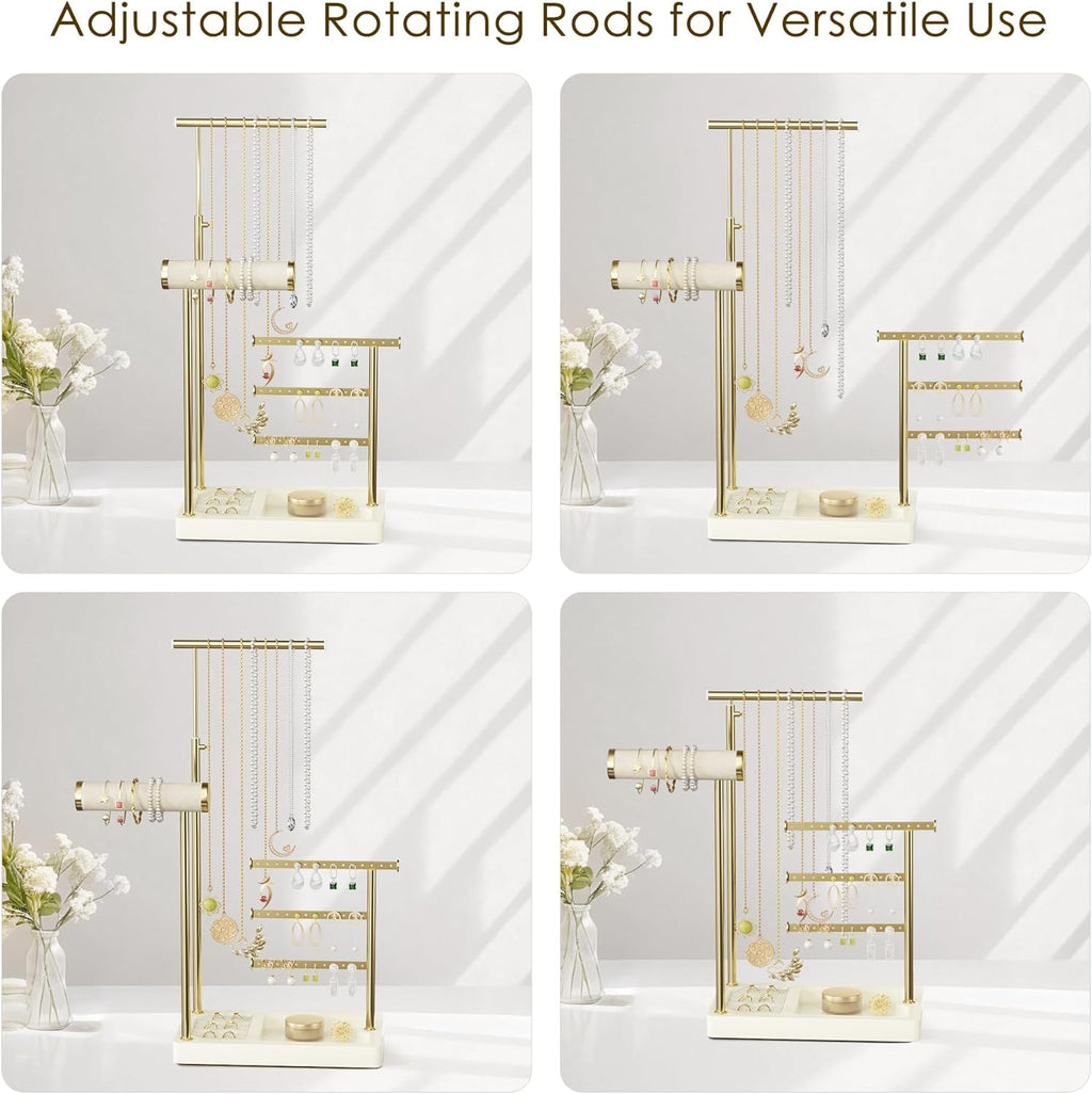 SZQINJI 5 Tier Jewelry Holder Organizer, Gold Jewelry Stand with Velvet Bracelet Holder, Adjustable Height Jewelry Display for Necklaces, Bracelets, Earrings, Rings, Gift Idea for Women, Beige