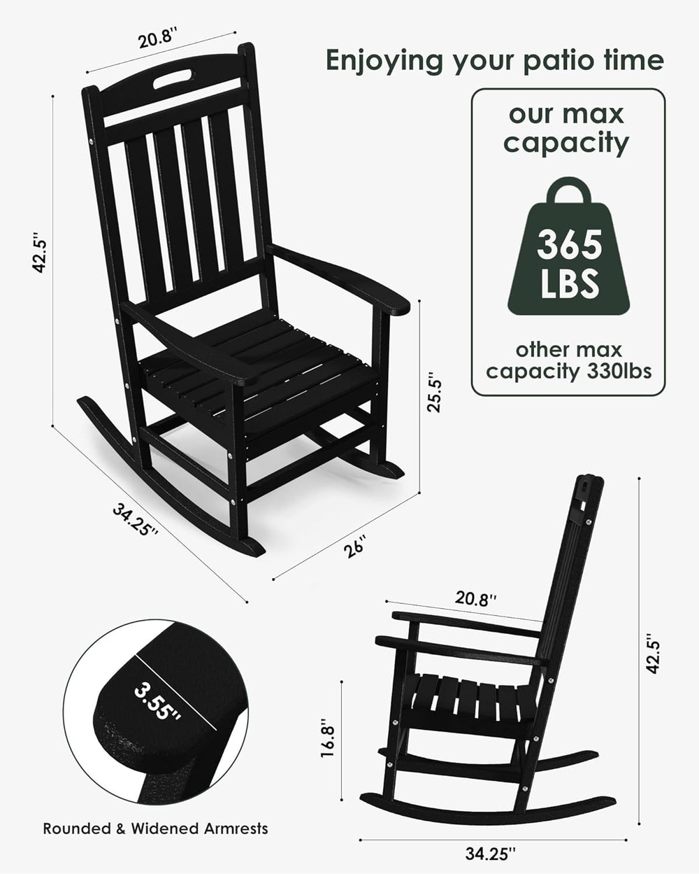 Outdoor Rocking Chair Set of 2, All-Weather Resistant Poly Lumber Chair
