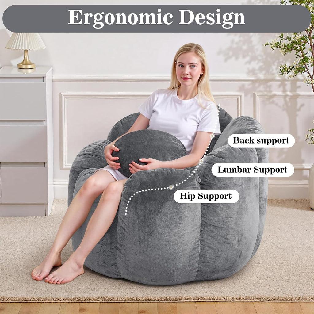 HOMMPA Bean Bag Chair for Adults Comfy Velvet Bean Bag Couch with Back Support Flower Shaped Oversized Sofa for Living Room,Bedroom,Dorm,Grey