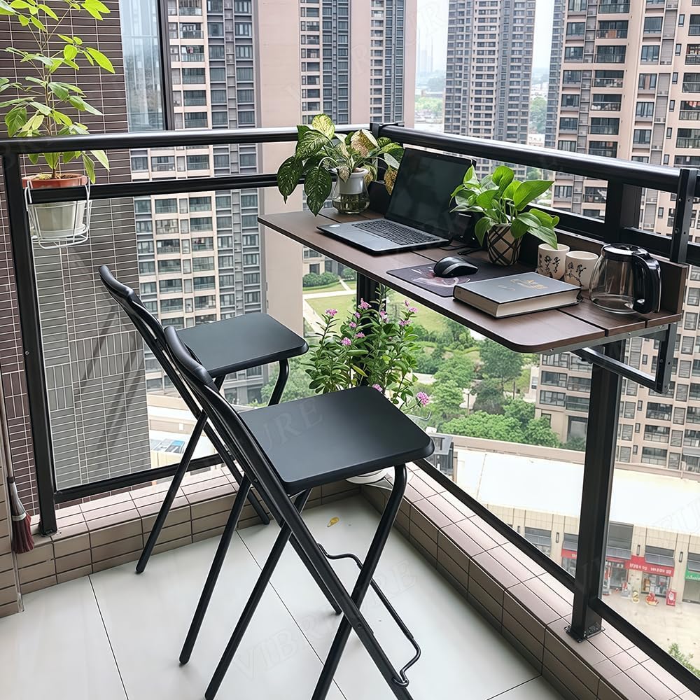 Balcony Railing Table, Folding Deck Table, Adjustable Height Hanging Desk, Ea...
