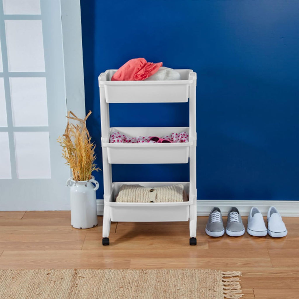 Sterilite 3 Tier Utility Cart Portable Storage Open Bin Organizer with 360 Degree Smooth Rolling Caster Wheels, Supports 10 lb Per Tier, White, 6-Pack