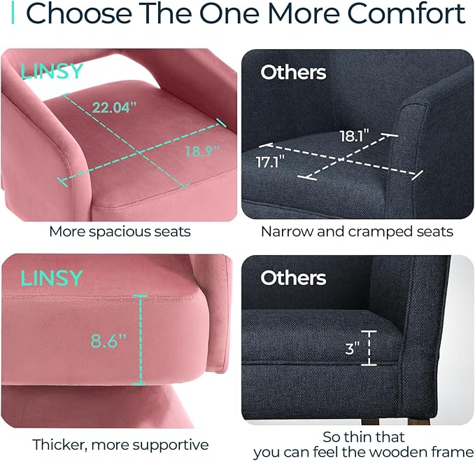 LINSY Swivel Barrel Chair, 360 Modern Swivel Accent Chair Boucle Swivel Chair Round, Pink Velvet Chairs with Arms, Small Barrel Chair for Small Spaces Bedroom Living Room