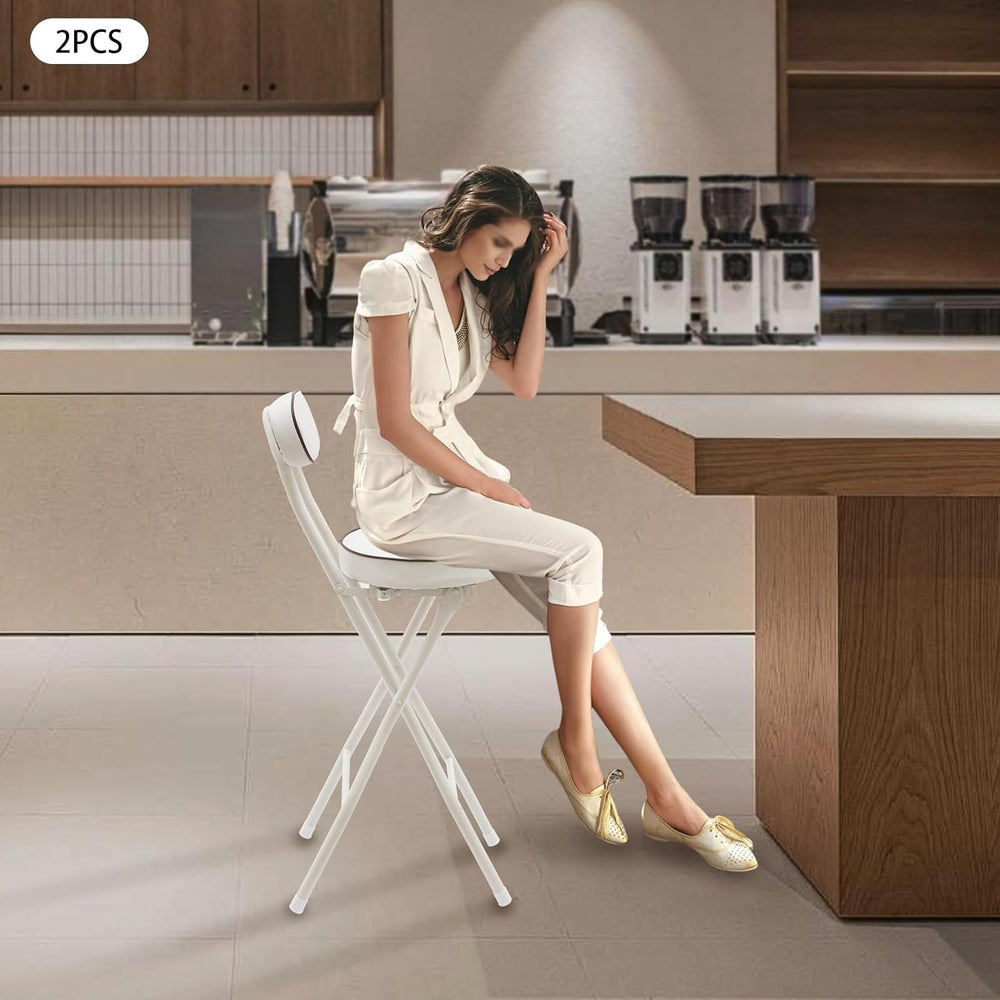 Set of 2-Folding Bar Stool Chair with Back, White Tall Foldable Chair Leather...