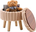 Wimarsbon Storage Ottoman,Soft Faux Fur Footstool with Padded Seat, Small Reading Vanity Chair, Footrest with Wood Tray for Couch, Mini Coffee Table or Display Stand (Beige, Round Storage)