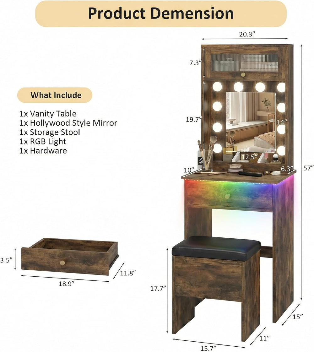 ARTETHYS Small Vanity with Mirror & RGB Light Rustic Makeup Set for Bedro...