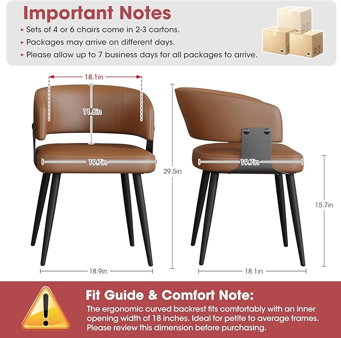 Modern Dining Chairs Set of 6, Upholstered Faux Leather Kitchen Side Chairs with Curved Open Back, Easy Assembly for Dining Room, Restaurant, Cafe, Brown