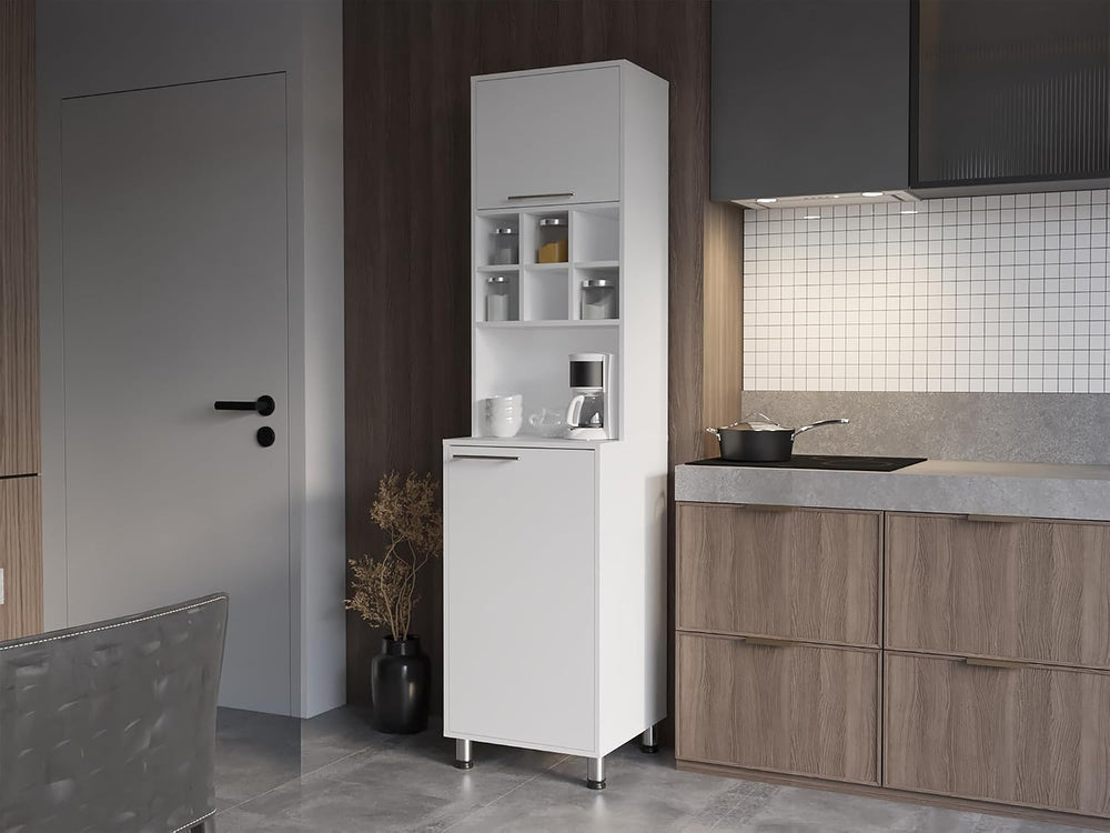 White Kitchen Pantry with Pneumatic Door and Open Storage | Pneumatic door fo...