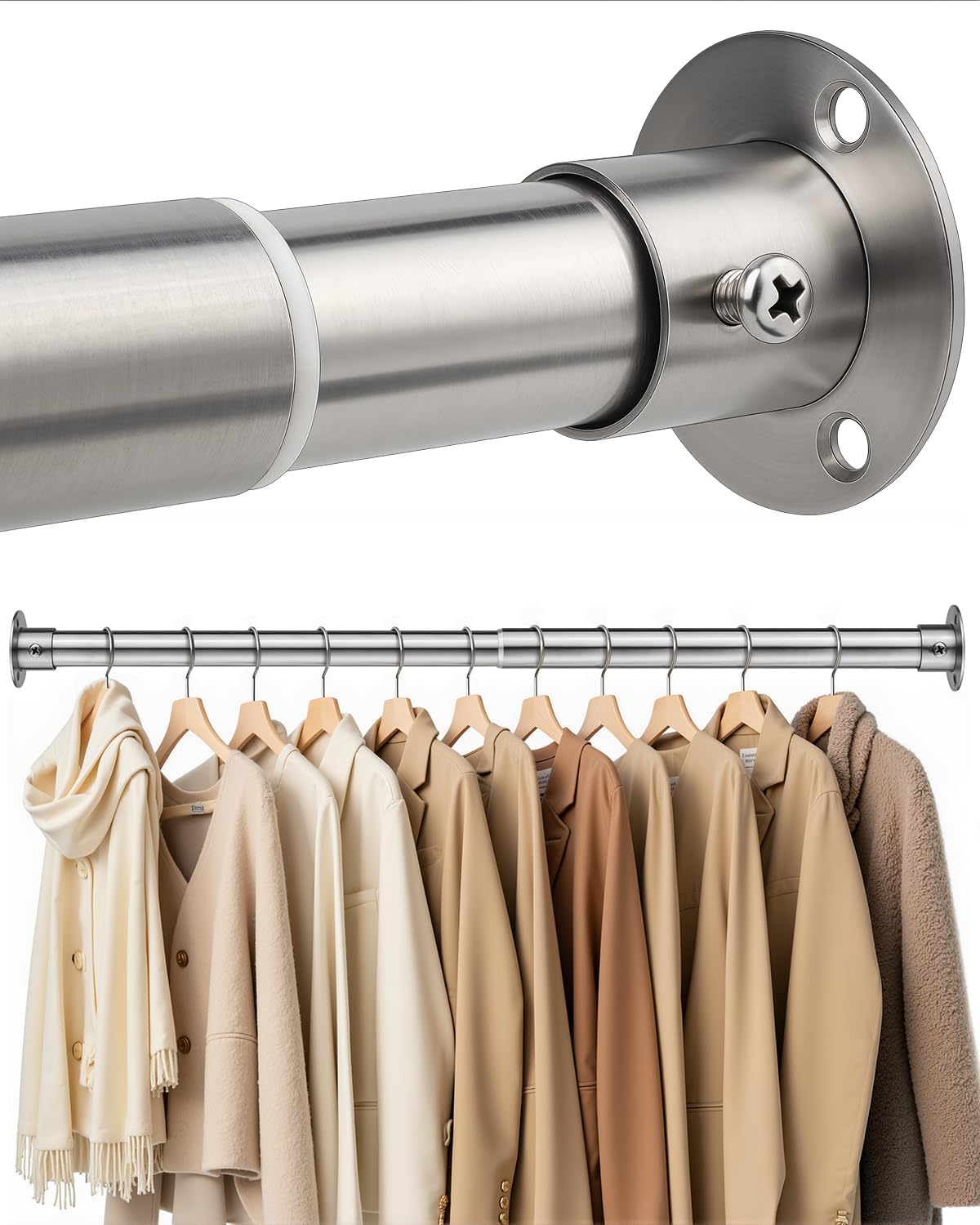 Closet Rods For Hanging Clothes, 17-40 Inch Heavy Duty and Stepless Adjustable Closet Poles, Stainless Steel Closet Hanging Rod for Closet, Wardrobes, Laundry Room, Bathroom, RV (Silver)
