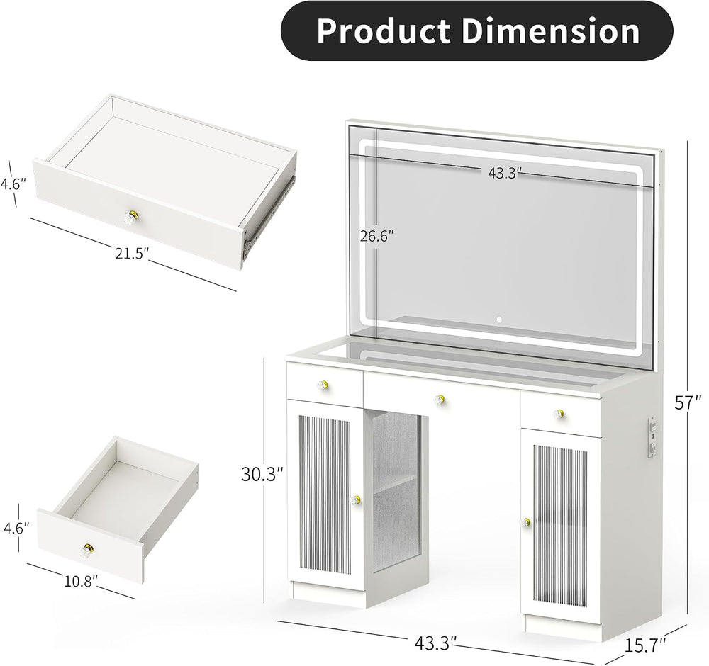 Glass Top Vanity Desk with Mirror and Lights, Crystal Knobs Makeup Vanity wit...