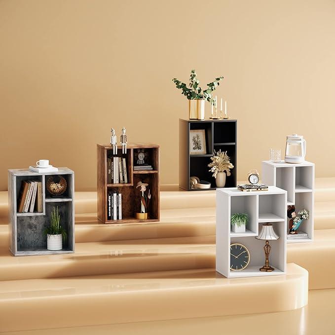 VECELO 3-Cube Open Bookcase, Small Bookshelf with Height Difference Shelves for Most Books, Horizontal Available, 2-Tier Storage Organizer for Home Office, Living Room,Vintage Black