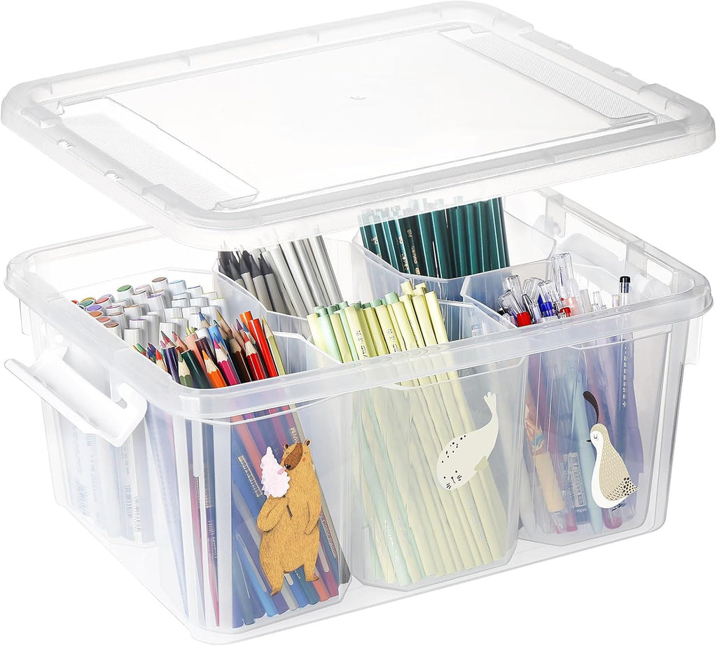 loobuu 17QT Plastic Storage Bins with Lids - 1 Pack Art Craft Supply Organizer Box with Brush Pot for Kids, Stackable Clear Pen Container for Toy/Sewing/Comestic/Tool/Playdoh (1 Pack)