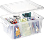 loobuu 17QT Plastic Storage Bins with Lids - 1 Pack Art Craft Supply Organizer Box with Brush Pot for Kids, Stackable Clear Pen Container for Toy/Sewing/Comestic/Tool/Playdoh (1 Pack)