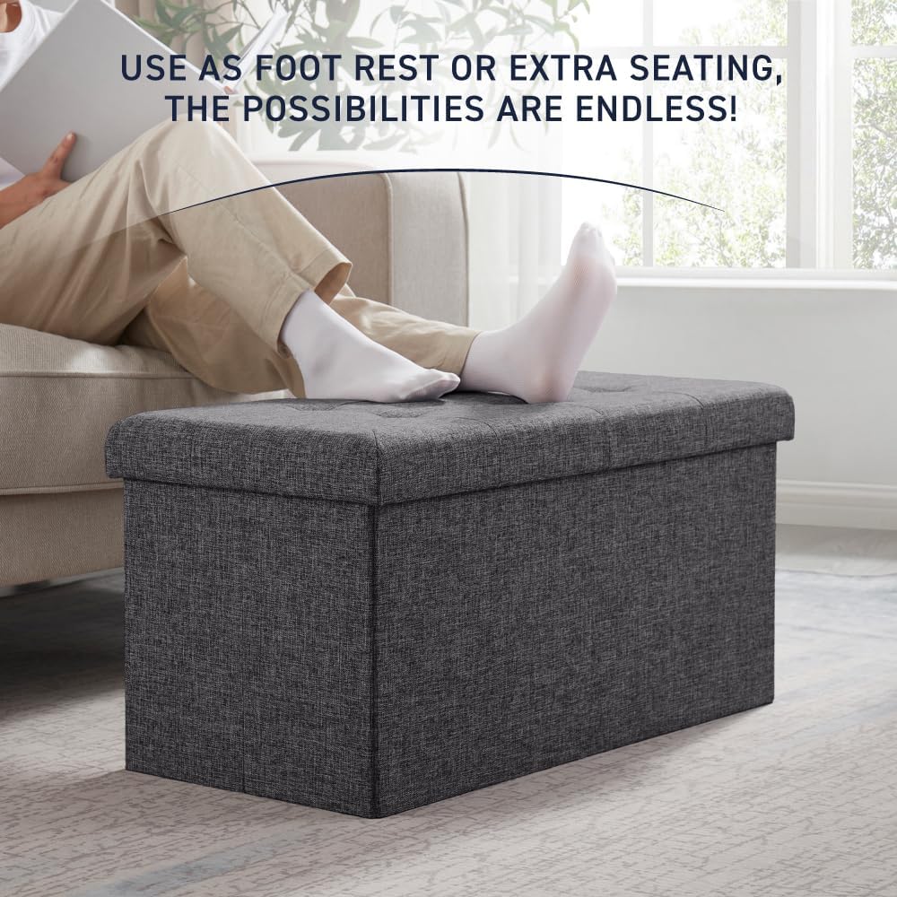 Ornavo Home 30 Inch Folding Storage Ottoman Bench, Tufted Linen, Dark Gray | ...