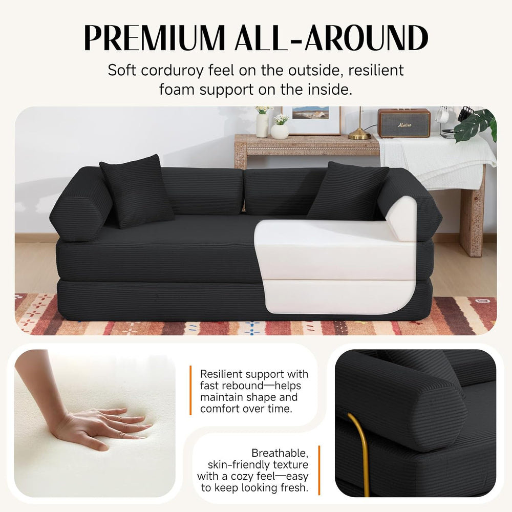 79" Corduroy Sofa Bed, Couch in a Box with 2 Pillows, High-Density Foam ...