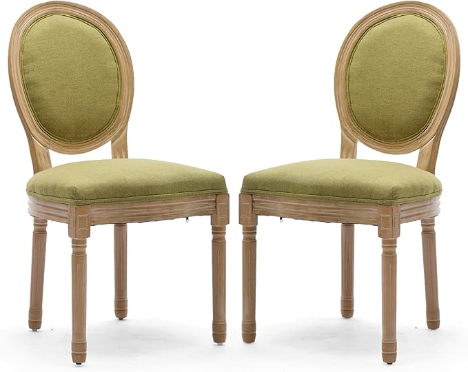 Linen Upholstered Dining Chairs Set of 2 French Country Oval Fabric Back Kitchen Side Chair with Wood Legs for Dining Room, Kitchen, Restaurant(Olive Green-Fabric)