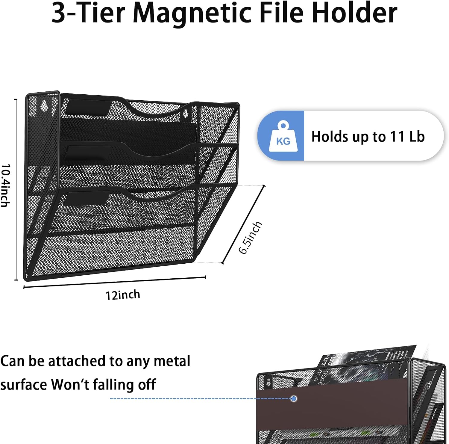 3-Tier Magnetic File Holder, No Drilling Installation File Cabinet Organizer, Black Magnetic File Organizer, Magazine Rack, Magnetic Paper Holder for Refrigerator, File Cabinets, Whiteboard