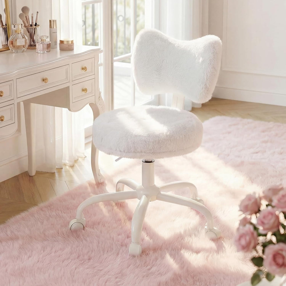 Homkdom Vanity Chair with Bow Back for Bedroom,Height Adjustable,Swivel | Fau...
