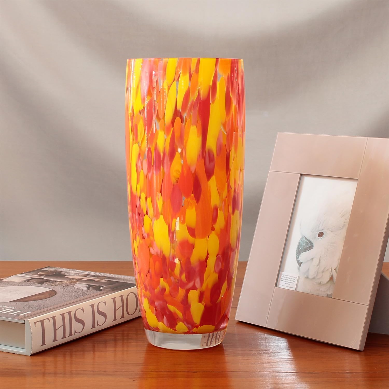 Murano Style Glass Vase Hand Blown Orange Confetti Effect Home Decor AD3 | Hand Blown Glass Vase, Decorative Table Centerpiece for Flowers - A Unique Gift for Christmas, Mother's Day, Valentine's Day
