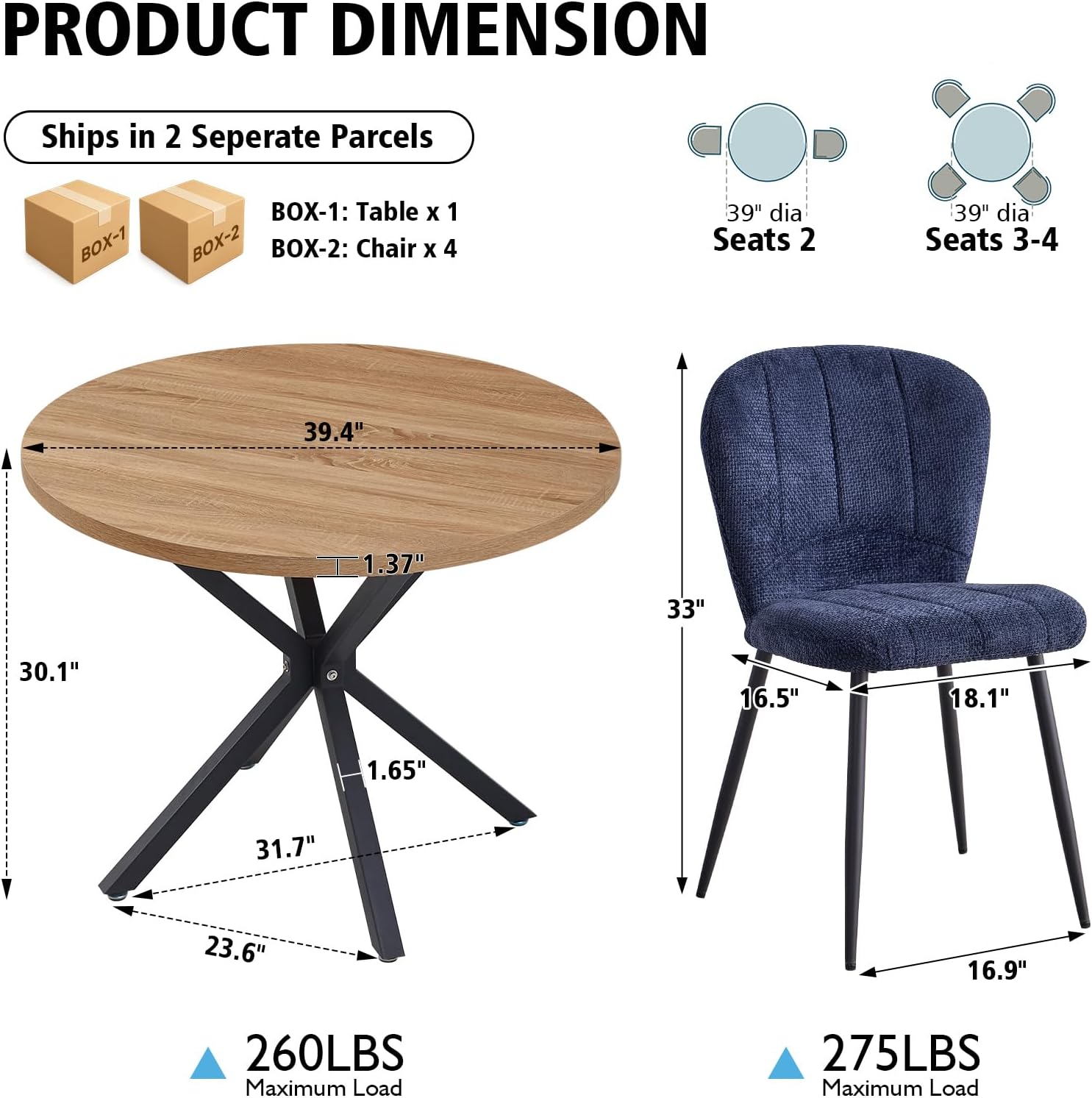 39" Round Dining Table Set for 4, Mid Century Kitchen Table with 4 Upholstered Accent Dining Chairs for Apartment Living Room Space Saving, Brown with Blue Chairs