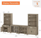 WAMPAT Entertainment Center with Bookshelves for TVs up to 75", Farmhouse Wall Unit TV Stand with Glass Doors & Drawer, Media Console Table for Living Room, Bedroom & Home Theater, Wash Grey