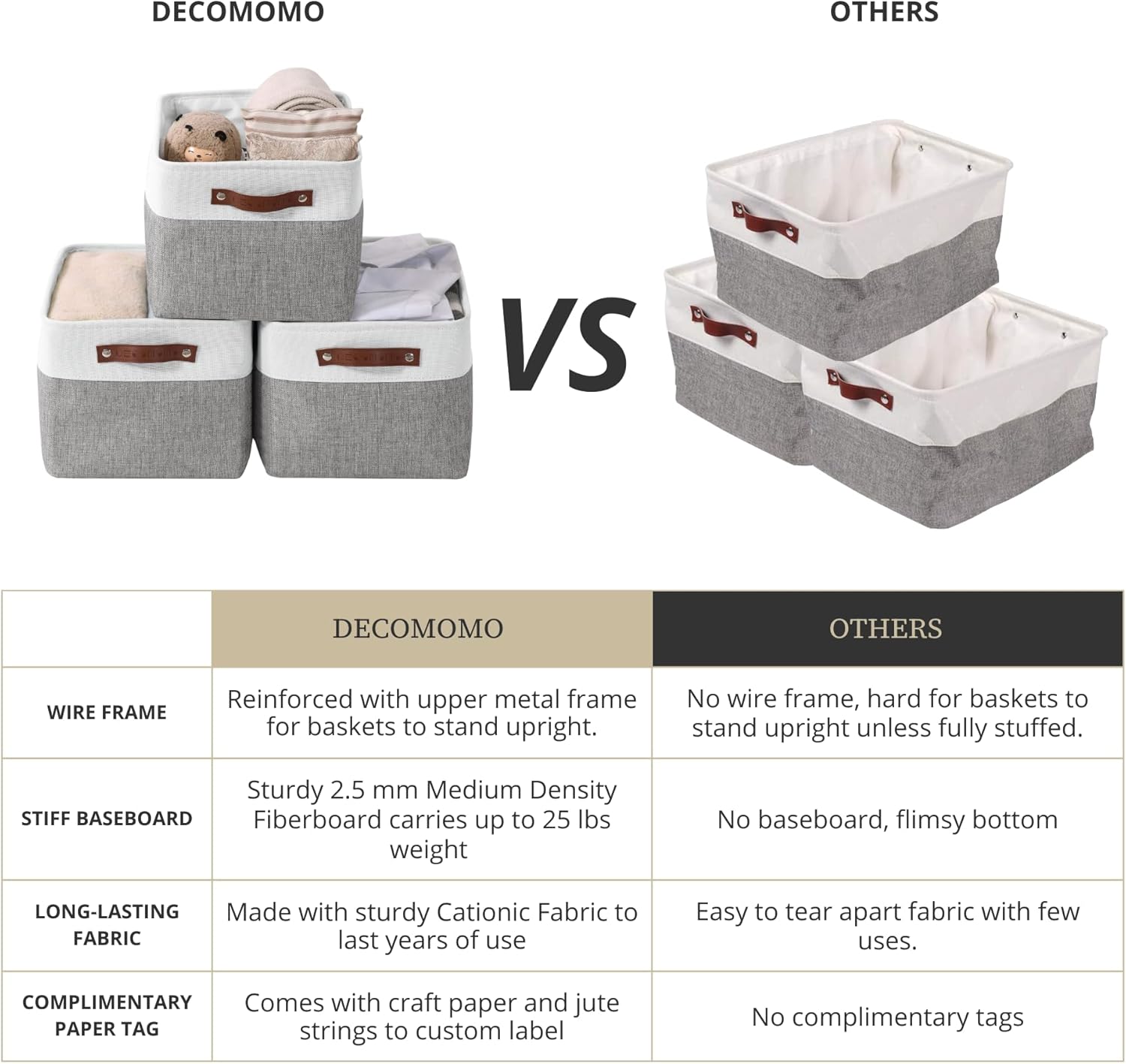 DECOMOMO Storage Baskets for Shelves - Fabric Storage Bins, Linen Closet Organizers and Storage (Grey & White, Large - 4 Pack)