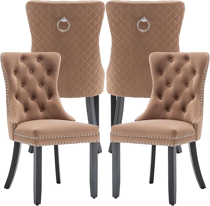 Velvet Dining Chairs Set of 4, Upholstered Dining Room Chairs with Nailhead Trim, Sillas de Comedor Modernas 4, Wooden Kitchen Chairs for Dining Room, Living Room, Kitchen, Bedroom, Brown
