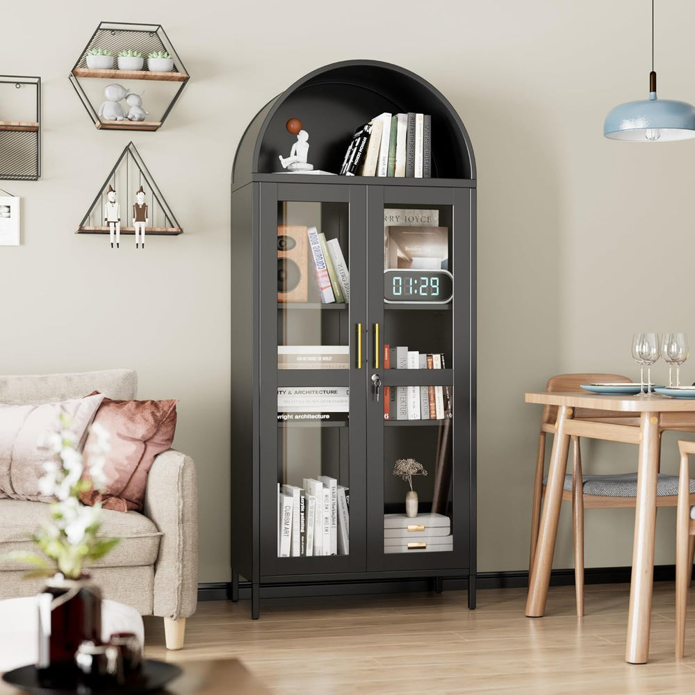 72.8" Tall Display Cabinet with Glass Doors, Metal Arched Cabinet with 2...