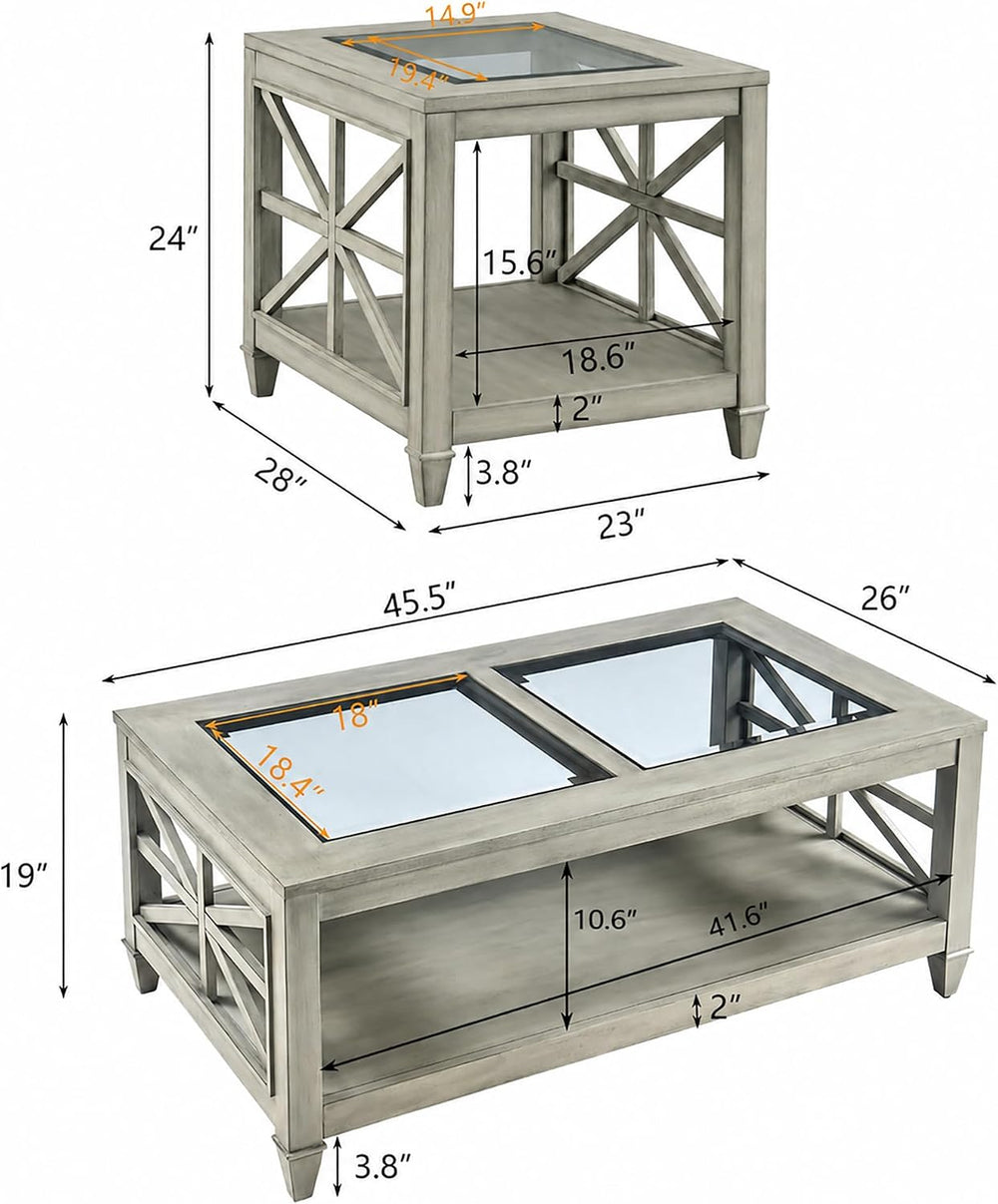 3 Piece Farmhouse Coffee Table & End Tables Set, Antique Grey | Solid Woo...