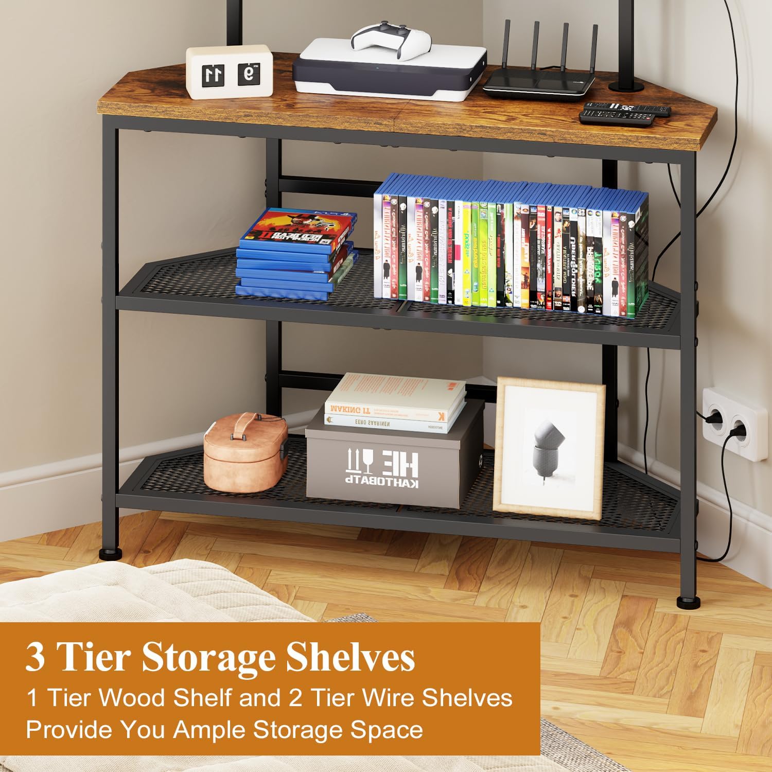 23" to 60" Floor Corner TV Stand For Bedroom With Mount, Universal Corner TV Desk Table With Storage Shelves For Bedroom Small Space,Rustic Television Stands Desk,Heavy Duty Structure,Adjustable Feet