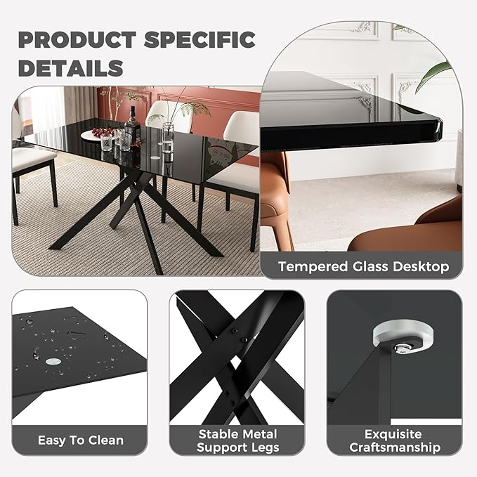 51 Inch Glass Dining Table Set for 4, Rectangular Glass Kitchen Table with 4 Upholstered Velvet Accent Chairs, 5 Piece Modern Dining Room Set, for Home, Apartment, Small Spaces - Black Black