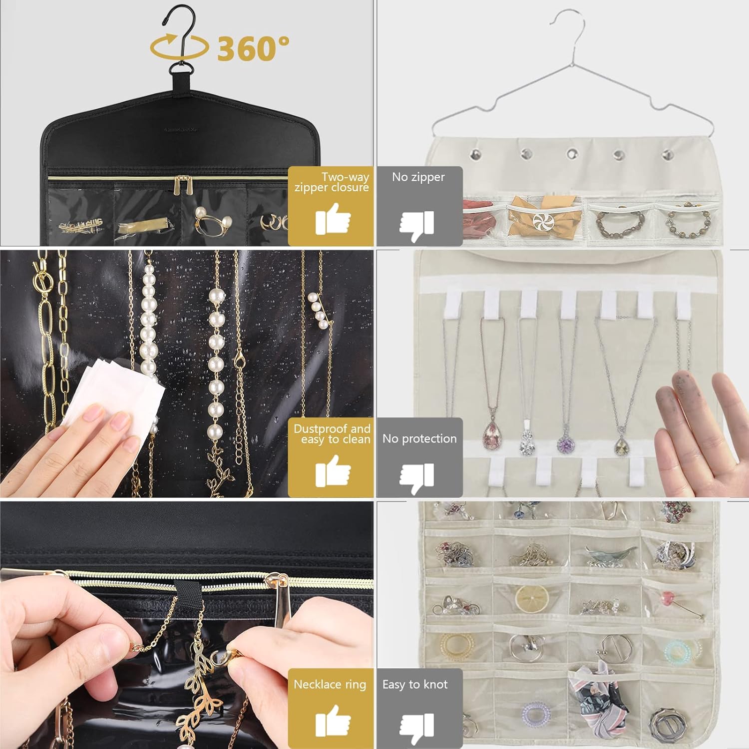 CHICECO Travel Jewelry Holder Organizer,Hanging Jewelry Organizer Storage with Zippered Pockets for Cloest,Jewelry Holder for Earrings, Necklaces（Black）