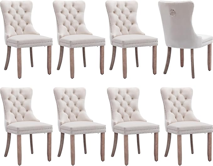 Modern Dining Chairs Set of 8, Tufted Upholstered Dining Chair with Solid Wood Legs, Beige Velvet Accent Chair, Sillas de Comedor, Kitchen & Dining Room Chairs (Beige, Velvet, 8Pcs)