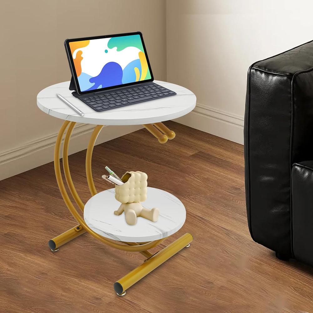 Round End Table, 2-Tier Side Table with Storage Shelves, Small Bedside Table ...