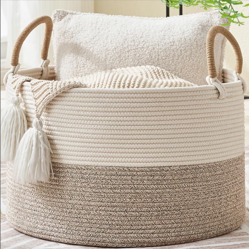 KAKAMAY Large Blanket Basket with Handles, Storage Basket for Living Room | Extra Large Capacity | Natural Cotton Rope | Blanket Storage | Woven Storage Basket | Stuffed Animal Storage | Laundry Basket