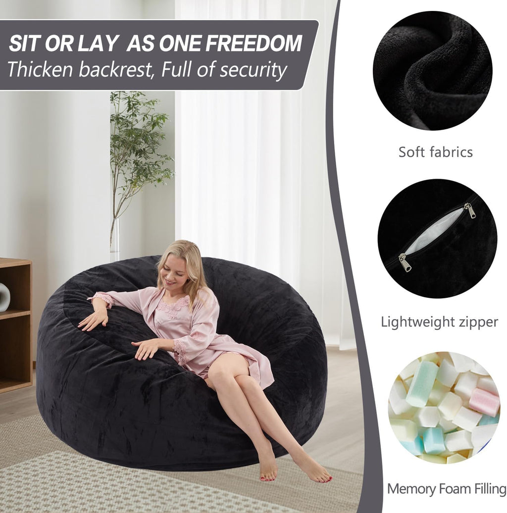 Magic in House 3FT Bean Bag Chair - BeanBag Chairs with Filler, Large Round Fluffy Sofa for Adults, Removable Machine-Washable Flannel Cover, for Living Room & Bedroom - Black(35"x35"x25")