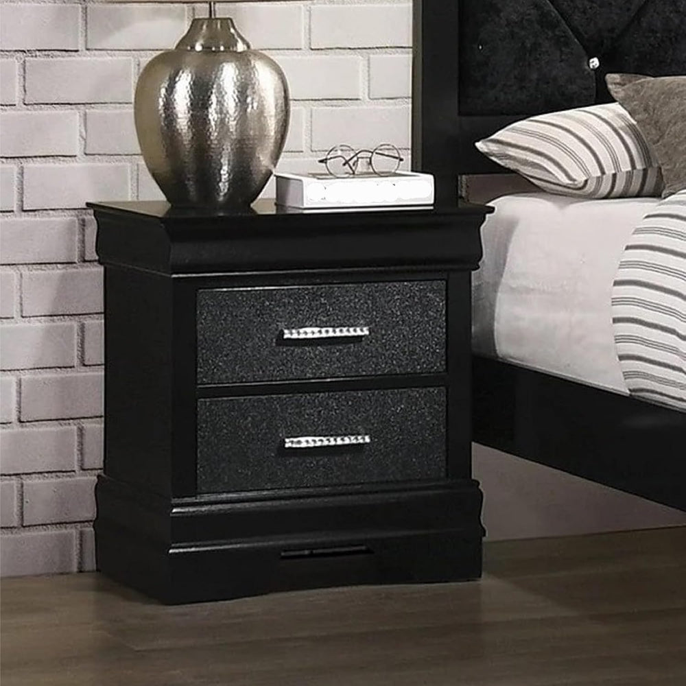 Modern Style Two Drawers Nightstand Black Finish Solid Wood Crystal-Like Butt...