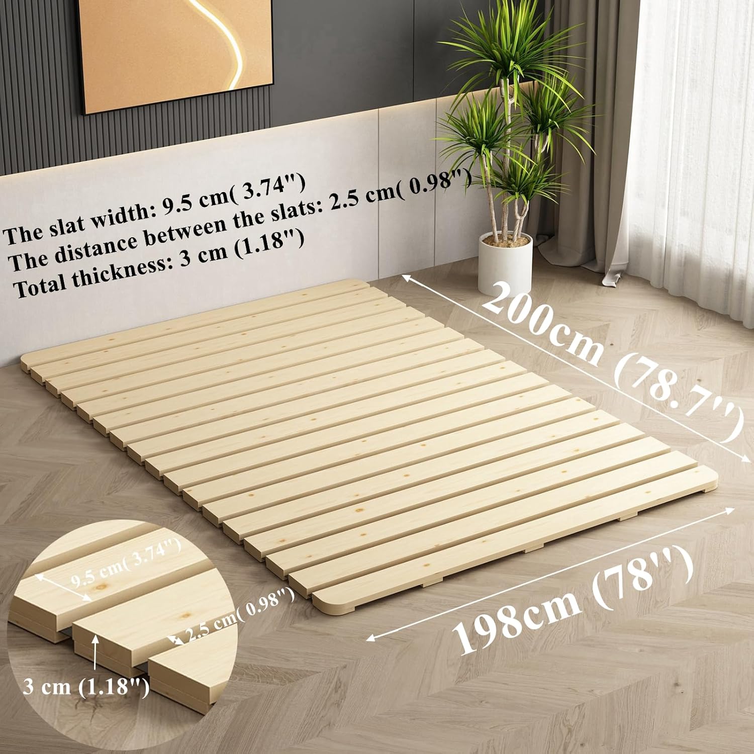 Floor Bed Frame King Size, Breathable Wooden Bed Plate, Wood Roll-Type Slatted Bed for Japanese Futon Mattress, Floor Sleep Bedding (King)