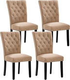 Velvet Dining Kitchen Chair Set of 4, Parsons Upholstered Dining Room Chair, Wood Accent Chair with Nailed Trim, Camel