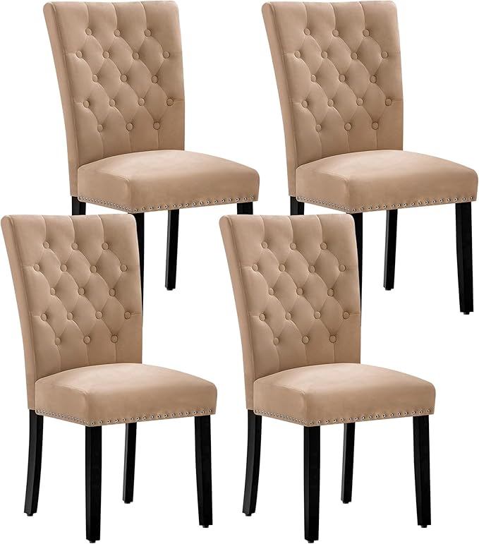 Velvet Dining Kitchen Chair Set of 4, Parsons Upholstered Dining Room Chair, Wood Accent Chair with Nailed Trim, Camel