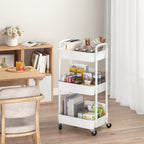 Sywhitta 3-Tier Plastic Rolling Utility Cart with Handle, Multi-Functional Storage Trolley for Office, Living Room, Kitchen, Movable Storage Organizer with Wheels, White
