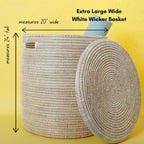 Extra Large White Storage Basket - Laundry Hamper, Baby Nursery Toys Bin, Living Room Blankets Storage, Towels Holder, Organizing, Decorative - Wicker, Woven, Lid, Handles